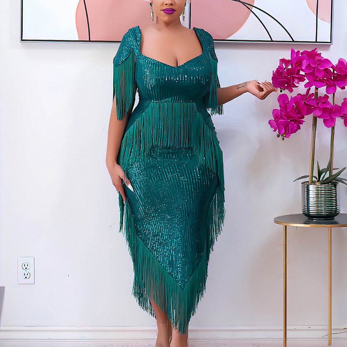 Elegant Women's Evening Dress With Sequins And Tassels For Party_voghion.com