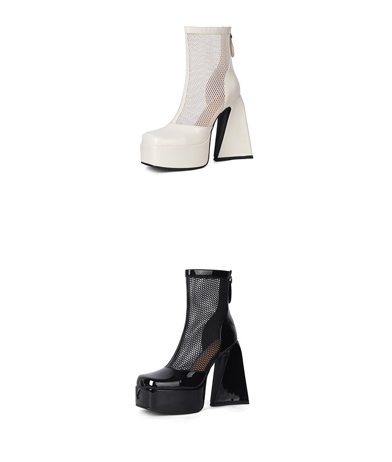 Boot nữ cổ thấp mũi vuông gót thô cao 9 cm, phong cách vintage, đế platform thoáng khí — màu đen, màu trắng ngà chi tiết 15
