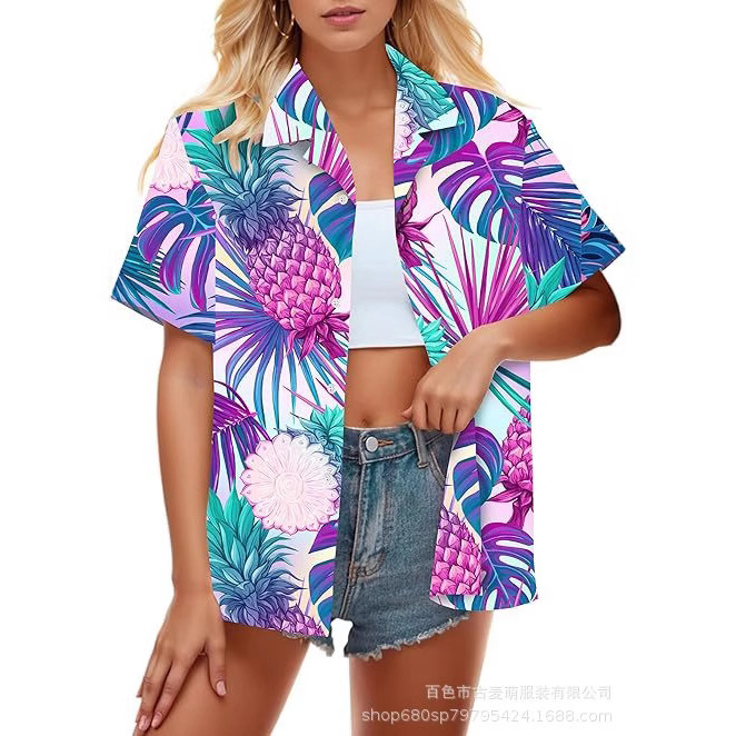 Cross-border 2025 new amazon ladies loose lapel holiday Hawaiian shirt short sleeve 3D digital printing