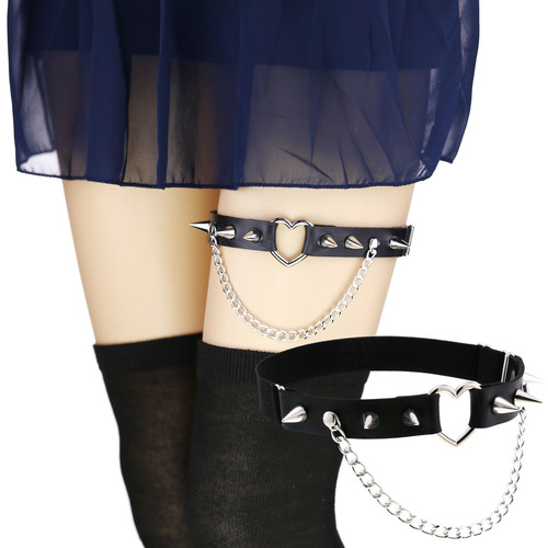 European and American foreign trade gothic rock soft girl dance love rivet long nail garter belt PU punk chain leg ring leg chain