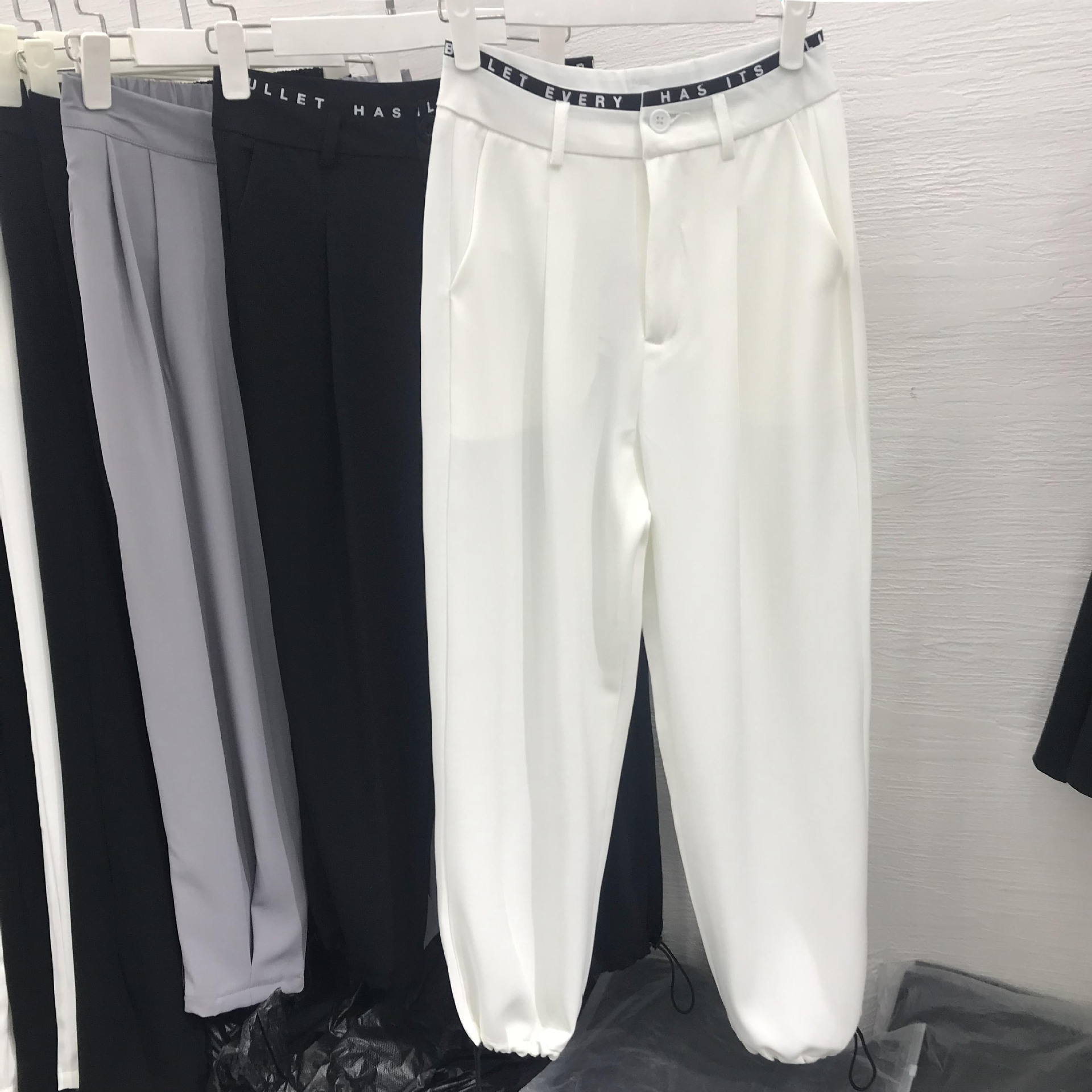 实拍西装裤口抽绳休闲裤2021新款韩版显瘦哈伦裤腰字母时尚洋气女