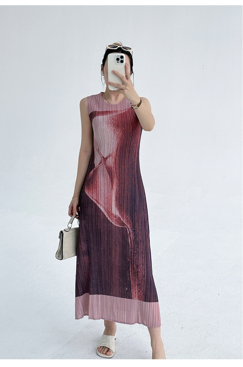Đầm maxi nữ in hoa cổ tròn không tay ôm sát — Màu nâu đỏ chi tiết 13