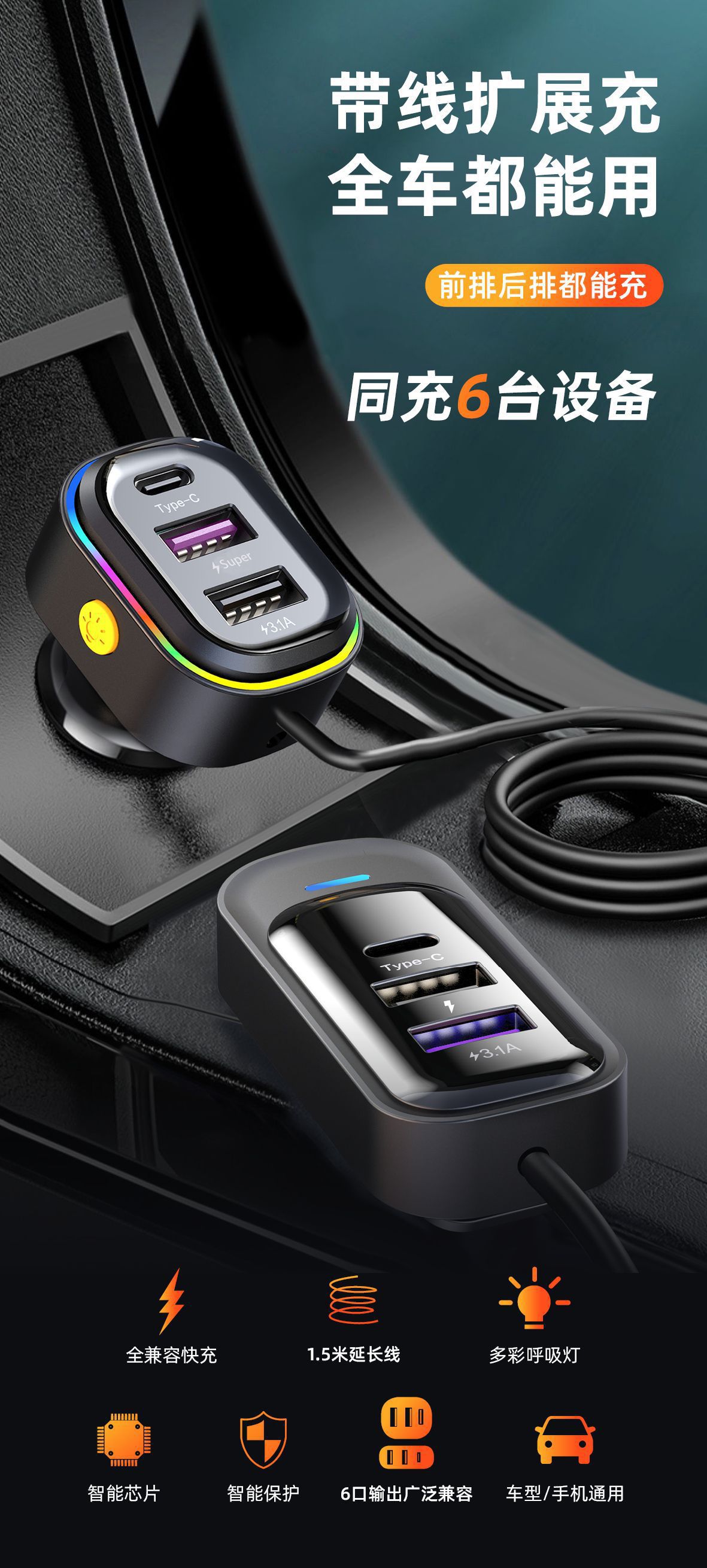 Yq1 Amazon New Car Charger Multifunctional Super Fast Charging Car 6-Port Mobile Phone Charger