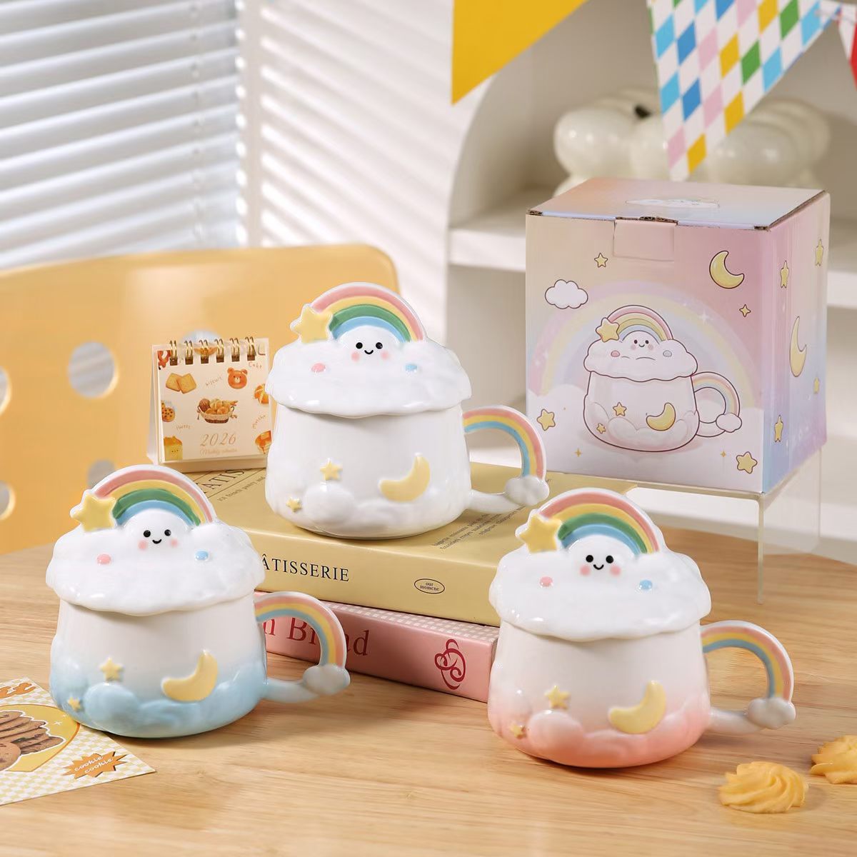 Personalidad creativa arco iris nubes taza con tapa cerámica taza de agua encantadora taza de café taza de regalo transfronteriza