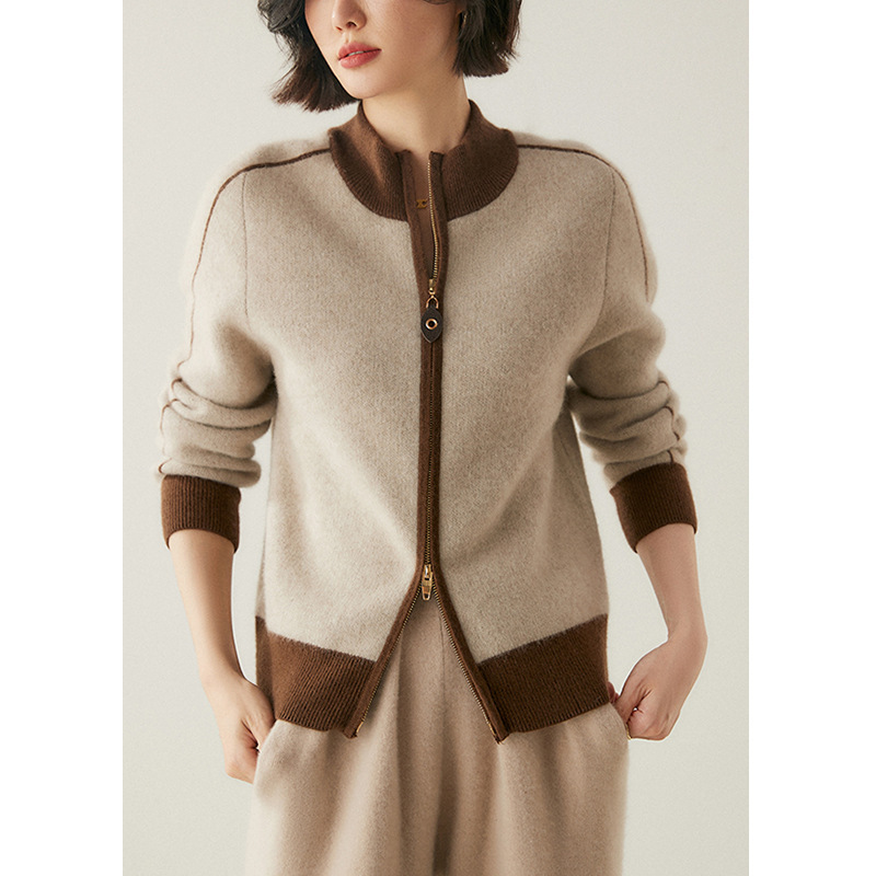 Fashionable Contrasting Color Double Zipper Half Turtleneck Long-Sleeved Knitted Cardigan for Women 2025 Autumn and Winter New Elegant Casual Top