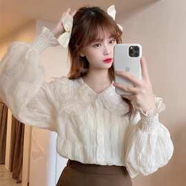 女装上衣ins娃娃衫秋季2022新款甜美褶皱设计感小众衬衣长袖衬衫