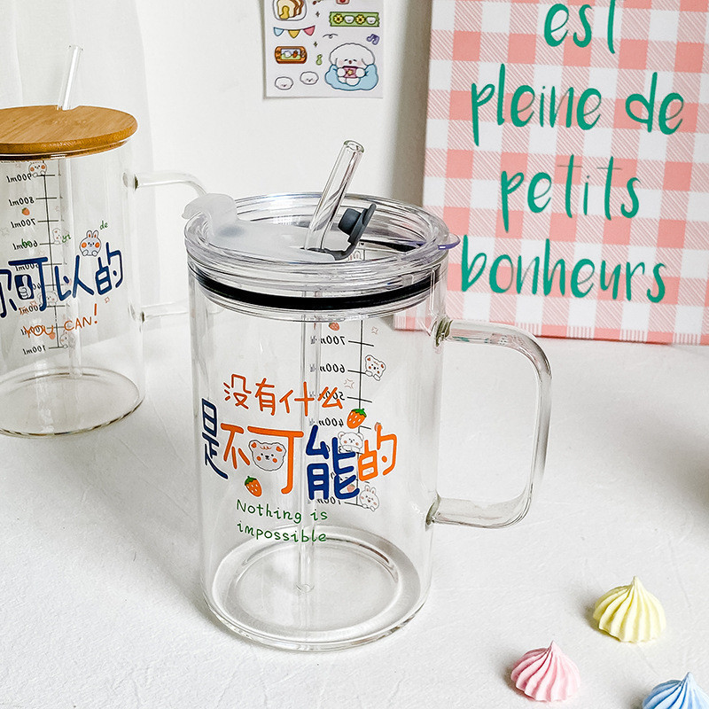 Large-Capacity High-Temperature-Resistant Glass Cup 1000ml with Scale and Lid, Couple's Breakfast Heat-Resistant Milk Cup with Straw