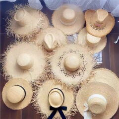 夏インスタイル大きなつばの生エッジラフィア麦わら帽子女性のビーチ帽子旅行海辺の休暇日焼け止め太陽の帽子