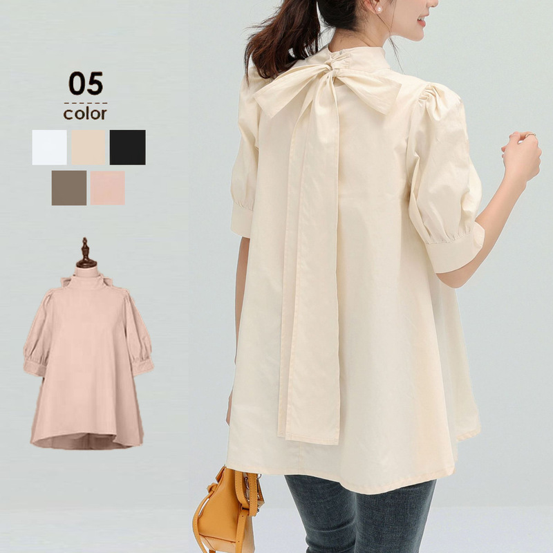 Real shot 5 Color New Lotte 2023 Japanese and Korean spring and summer solid color lace-up mid-sleeve half-high collar shirt for women