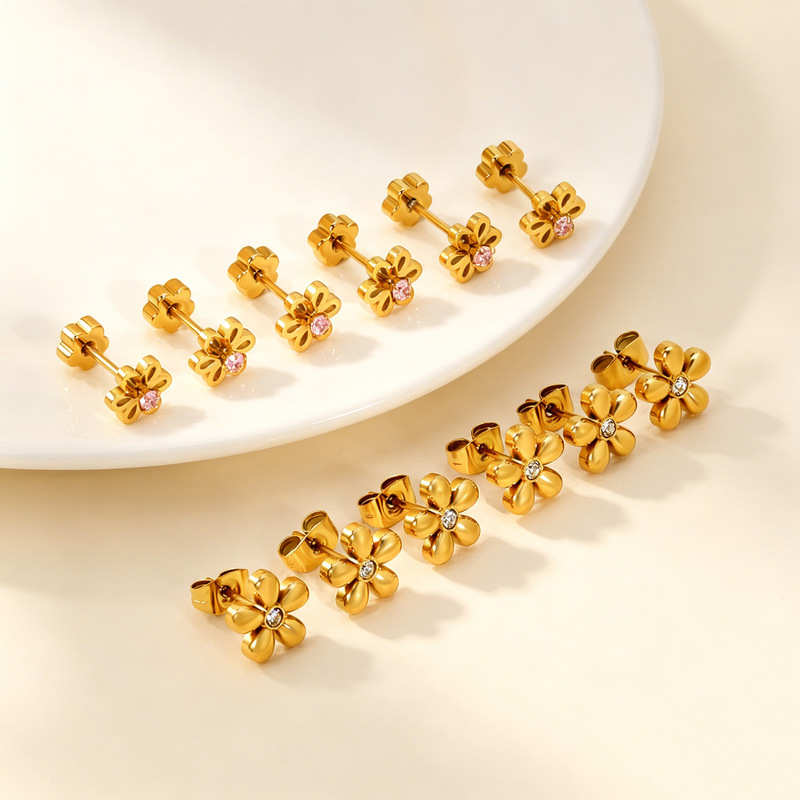 Cross-Border Jewelry Hollow Flower Diamond-Studded Earrings Plum Blossom Twist Screw Stud Earrings Niche Five-Petal Flower Rhinestone Stud Earrings Set