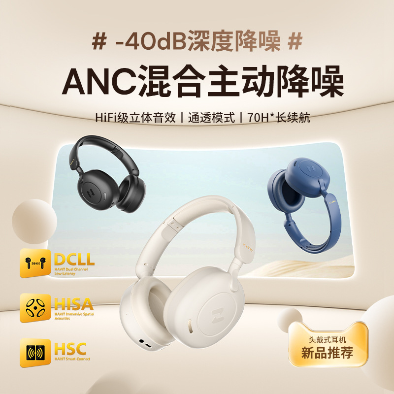 海威特新款ANC主动降噪蓝牙耳机头戴式 超长续航电脑游戏降噪耳机