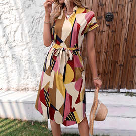 2025欧美外贸新款亚马逊独立站几何图案V领蝙蝠袖连衣裙时尚气质