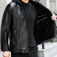 跨境跨境秋冬新款连帽保暖皮衣男皮毛一体加绒加厚机车皮夹克