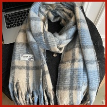 蓝色格子情侣大围巾女冬季2025新款韩系氛围感百搭围脖保暖披肩冬