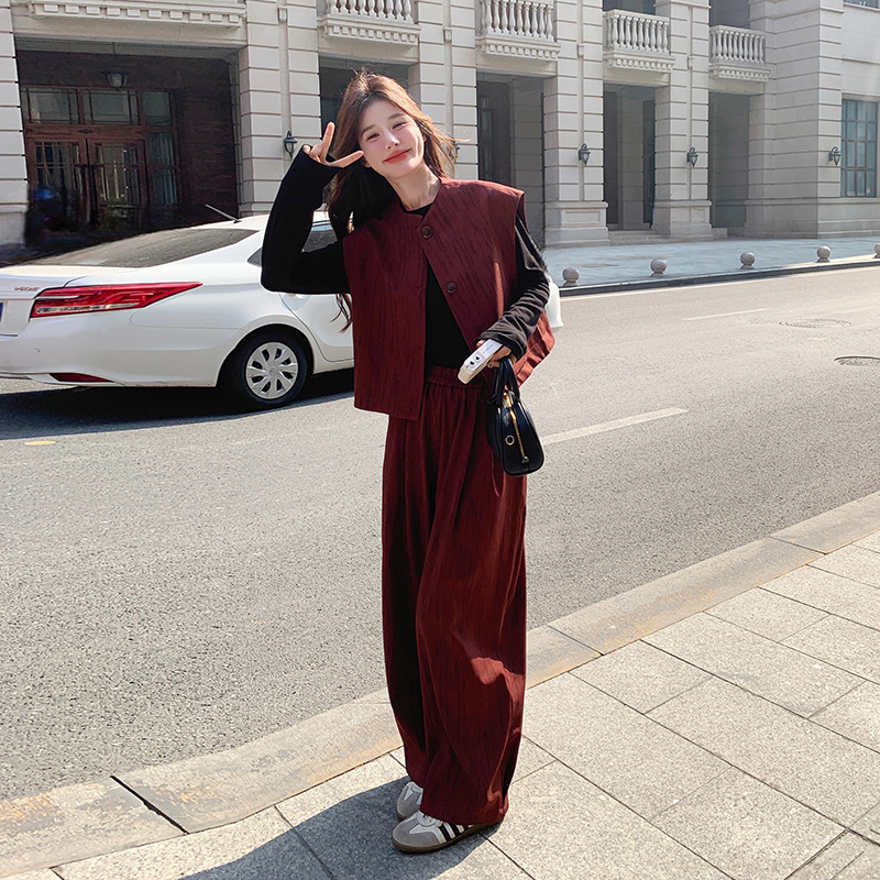 实拍初秋穿搭套装女2025新款又a又飒气质马甲打底衫阔腿裤三件套|undefined