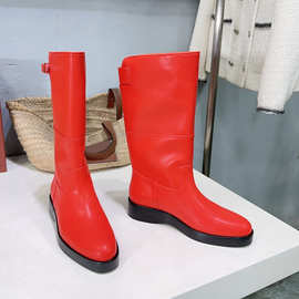拼接宽筒皮带扣骑士靴女2025秋冬新款时尚厚底长筒靴不过膝靴女