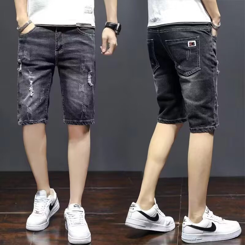 Summer Fashion New Denim Shorts for Men, Washed and Distressed, Straight-Leg Casual Ripped Slim-Fit Mid-Length Pants Wholesale