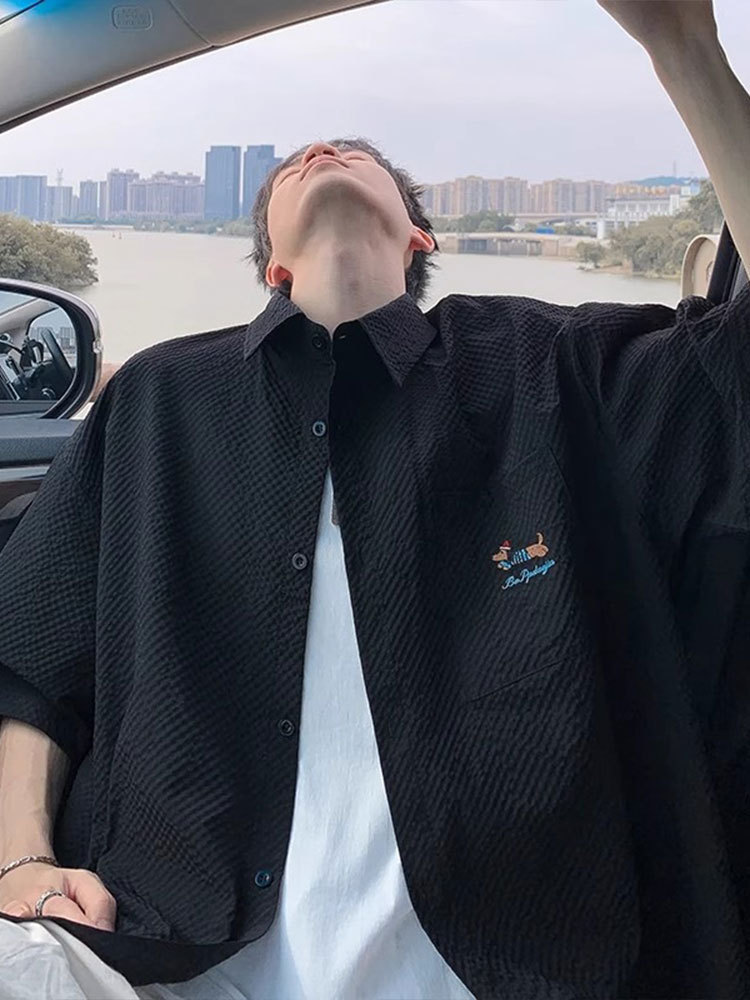 Seersucker Quick-Drying Short-Sleeved Shirt Men's Summer Thin Dachshund Embroidered Lapel Shirt Youth Half-Sleeved Jacket