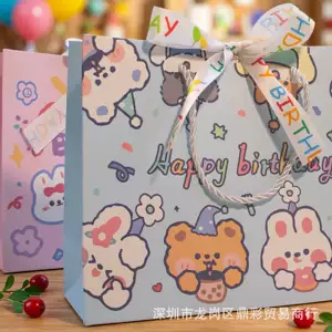 ถุงของขวัญวันเกิดลายการ์ตูนน่ารัก ถุงบรรจุขนมสำหรับเด็กอนุบาล ถุงกระดาษหูหิ้วประดับโบว์สวยสะดุดตา
