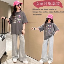 网红女童韩版运动套装中大童夏季新款洋气卡通上衣时髦长裤两件套
