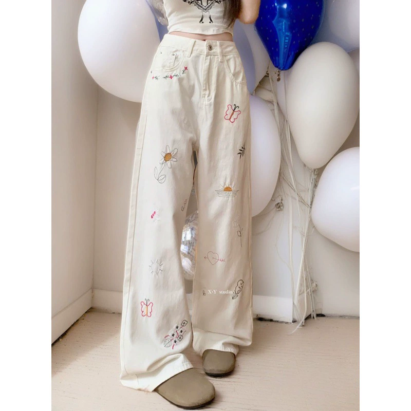 Дизайн Бабочка с вышивкой прямые джинсы Женская весна и лето ниша с высокой талией широкие брюки