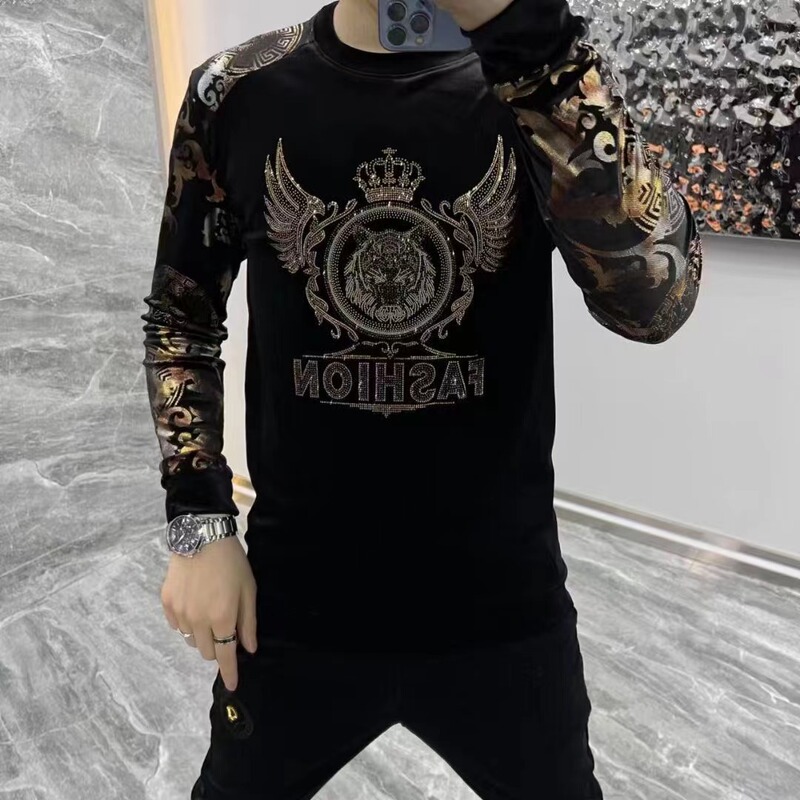 23180 Autumn New Men's Velvet Sweatshirt Round Neck Fashion Trendy Brand Top High-End Gold Embossed Floral Sleeve T-Shirt