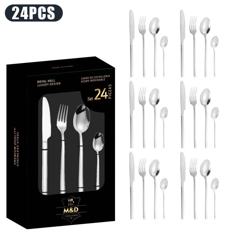 Vajilla de caballero de acero inoxidable de Amazon transfronterizo, bistec occidental, cuchillo, tenedor, cuchara, cuchara de postre, juego de caja de regalo de 24 piezas