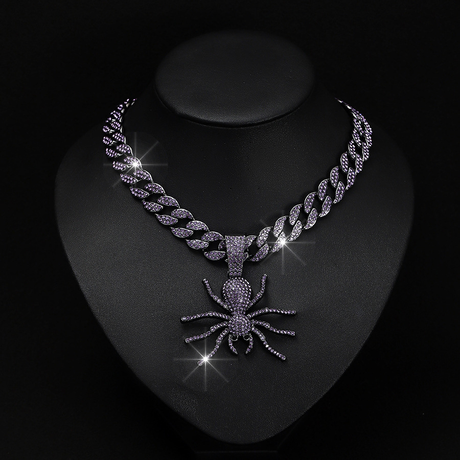 Ciondolo ragno con strass viola creativo e alla moda, collana cubana, gioielli hip-hop rap con personalità di nicchia_voghion.com