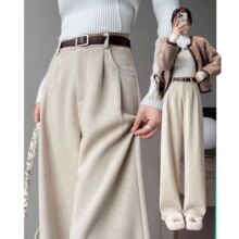 2025秋冬新款加绒人字纹毛呢直筒西装裤女高腰显瘦垂感窄版阔腿裤