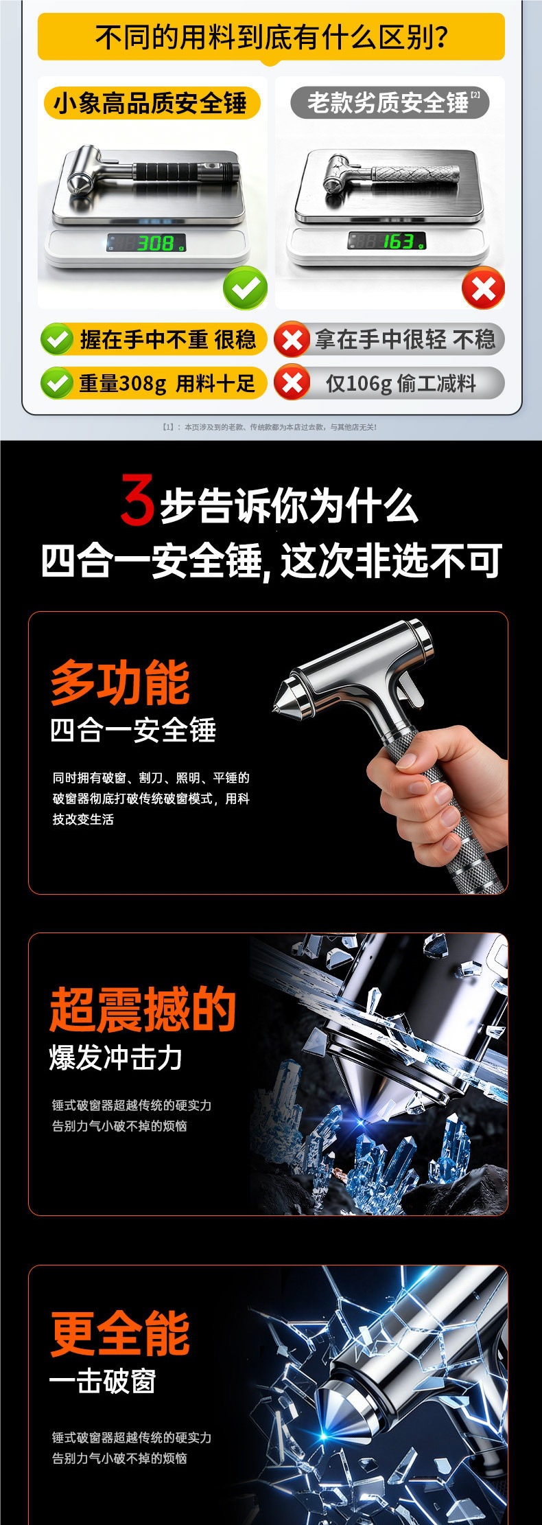 Safety hammer car window breaker with cutter, four-in-one multifunctional car escape tool, new type of life-saving hammer