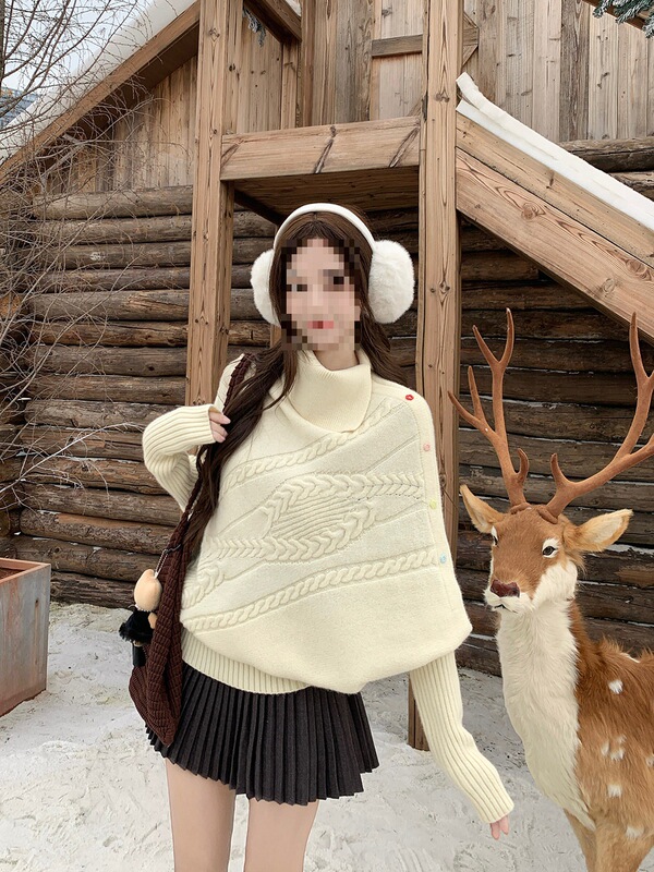 Gentle High-Neck Off-White Cable-Knit Loose Cape Sweater for Women, Autumn and Winter Sweet Style, High-End Batwing Sleeve Knit Top Gentle High-Neck Off-White Cable-Knit Loose Cape Sweater for Women, Autumn and Winter Sweet Style, High-End Batwing Sleeve Knit Top