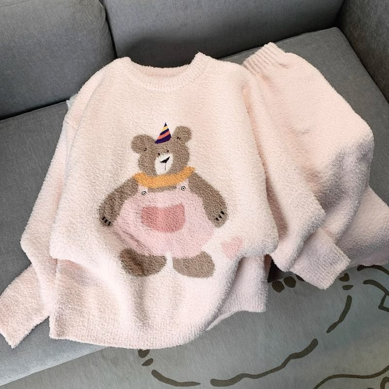 Sweet Cute Bear Jacquard Crewneck Pullover Sweater Female Student Autumn and Winter New Furry Loose Knitted Pajamas