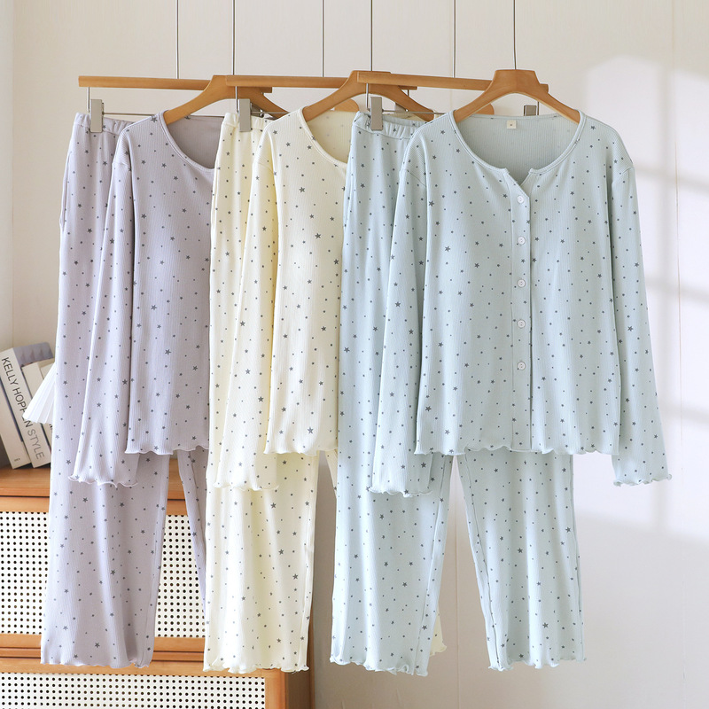 All-cotton knitted star-patterned soft skin-friendly pajamas for women, spring and autumn long-sleeve long-pants simple casual home wear set
