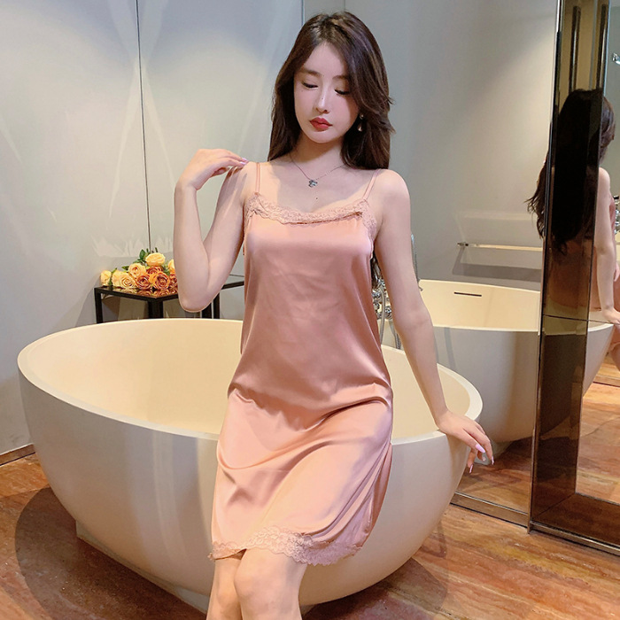 Venta al por mayor verano suspender camisón de las mujeres de alta densidad stretch Satén de seda pijamas de encaje sexy delgada en línea LIVE Home wear