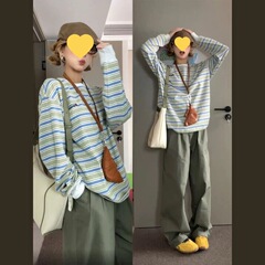 条纹正肩长袖恤女春秋季设计感小众打底衫内搭体恤宽松上衣外穿