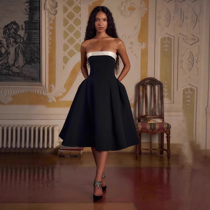 European and American Autumn and Winter Women's New Style Sexy Backless Dress with Large Hem Skirt Slim Fit Contrasting Color Tube Top Celebrity Dress