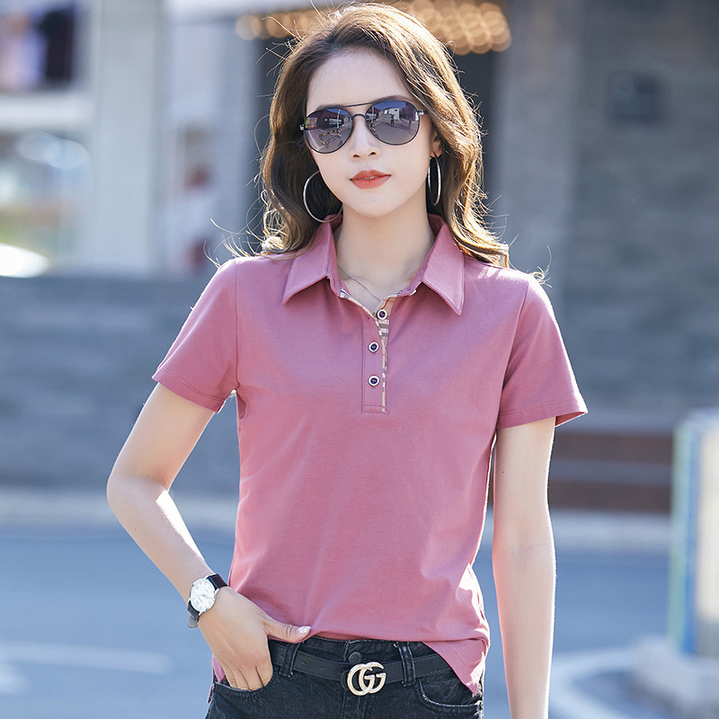 2024 Lapel Women's Short Sleeve T-Shirt Casual Solid Color Women's Polo Bottoming Shirt Half Sleeve Women's Top Clothes Wholesale
