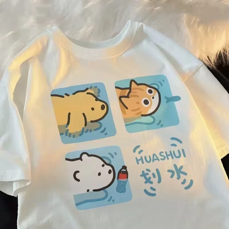Cartoon Cute Cat and Dog Pattern Interesting Women's Shirt Street Style Comfortable Soft Top Creative Fashion Women's T-Shirt