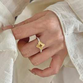 四叶草金色戒指S925纯银小众设计感撞色唐草指环活口韩国时髦指环