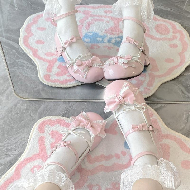 Lo Shoes Cute and Sweet Tower Sweetheart Girl Lolita Princess with Skirt Small Leather Shoes Small High Heels Flats