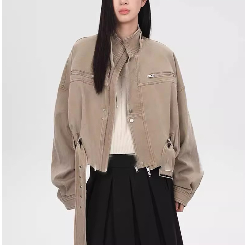 美式复古工装风宽松短款机车夹克外套女2025秋季新款百搭立领上衣|undefined