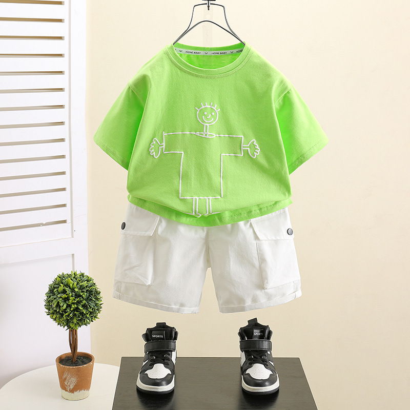 7417 Pantalones cortos de herramientas de verano para niños Traje de manga corta de estilo occidental para niños 2025 Nuevo traje de dos piezas guapo para bebés para hombres