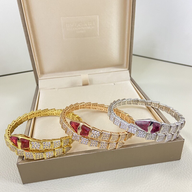 High-End Cross-Border V Gold Seiko High-Quality Inlaid Full Diamond Double Circle Snake Bone Bracelet Open Elastic Snake Head Snake