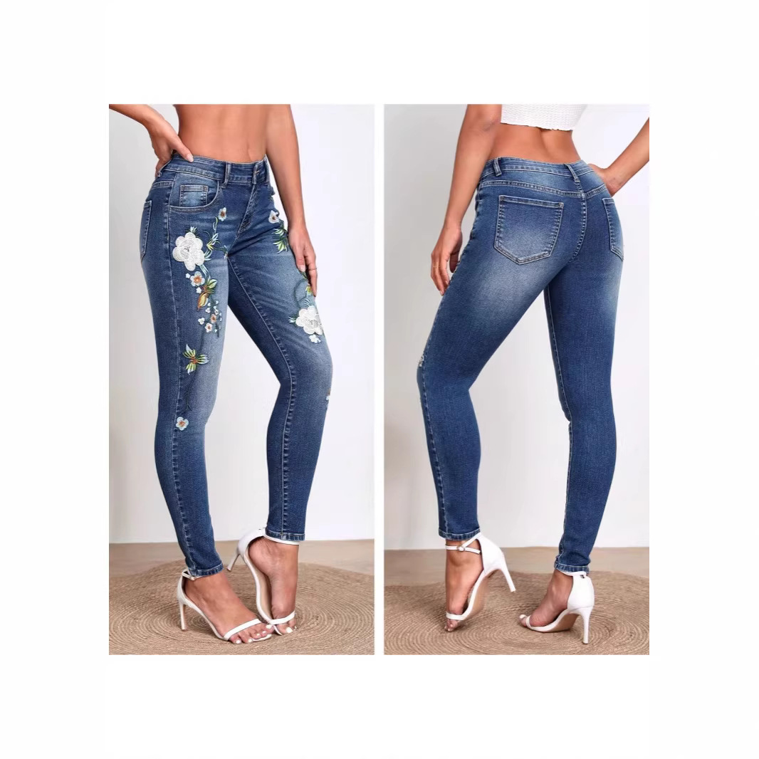 Cross-Border European and American Flowerpot Embroidered Skinny Jeans Slim Fit Elegant Women's Stretch Denim Pencil Pants