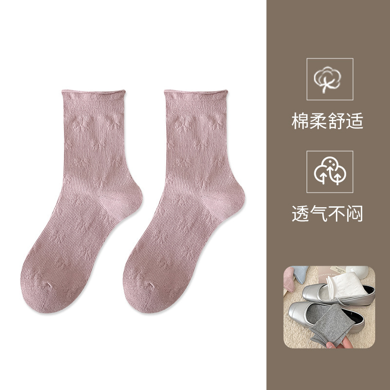 立体浮雕蝴蝶结卷边袜子女纯棉秋冬25年新款日系芭蕾风中筒堆堆袜|undefined