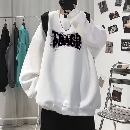 Smoke Brand Letter Hoodie for Men - Autumn Thin Crew Neck T-shirt with Loose Trendy Plus Size Casual Versatile Outerwear