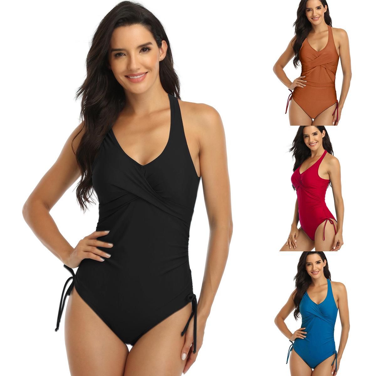 2021 New swimsuit Europe and America Amazon Solid overlapping Drawstring Conjoined Swimsuit Cross border Specifically for goods in stock