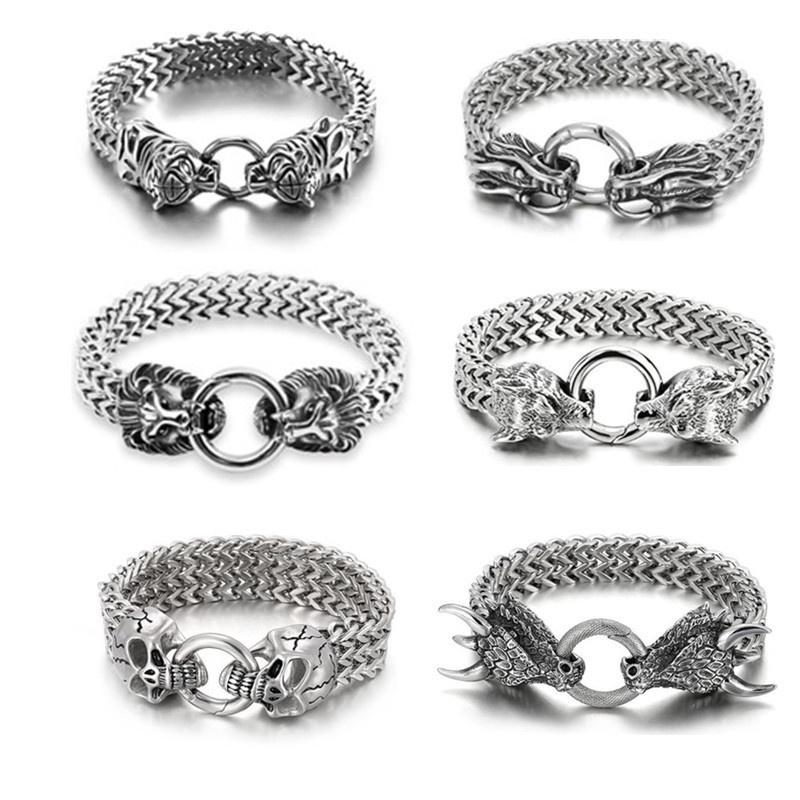 Cross-border Hot Selling Men's Vintage Dragon Head Bracelet Punk Wolf Head Bracelet Gothic Norse Mythical Titanium Steel Bracelet Cross-border Hot Selling Men's Vintage Dragon Head Bracelet Punk Wolf Head Bracelet Gothic Norse Mythical Titanium Steel Bracelet