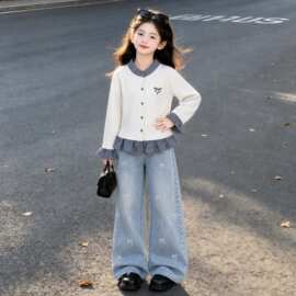 2026女童复古撞色格纹拼接开衫春秋季学院风蝴蝶结牛仔裤套装