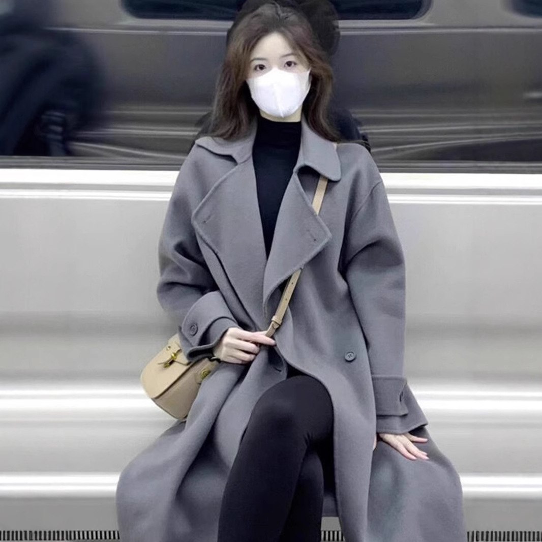 灰色毛呢大衣外套女2025秋冬新款韩版双排扣赫本风修身呢子大衣女